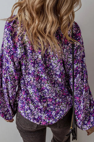 Floral Tie Neck Long Sleeve Blouse - A Roese Boutique