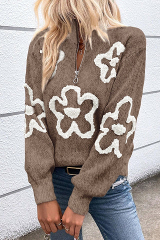 Flower Half Zip Dropped Shoulder Sweater - A Roese Boutique