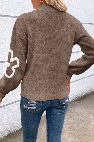 Flower Half Zip Dropped Shoulder Sweater - A Roese Boutique