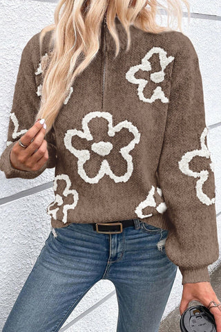 Flower Half Zip Dropped Shoulder Sweater - A Roese Boutique