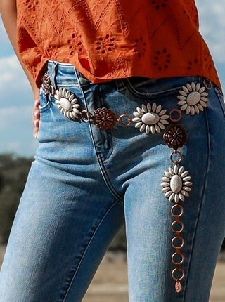 Forever Chasing Cowboys Copper Cream Floral Concho Link Belt Plus - A Roese Boutique