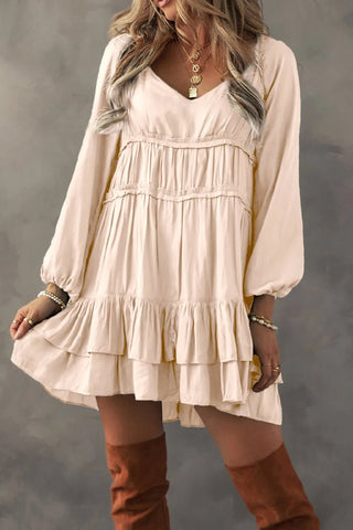 Frill Ruffled V - Neck Long Sleeve Mini Dress - A Roese Boutique