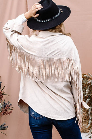 Fringe Back Detailed Button Down Shacket - A Roese Boutique