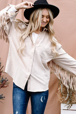 Fringe Back Detailed Button Down Shacket - A Roese Boutique