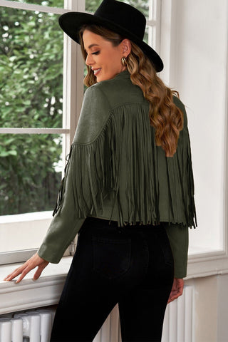 Fringe Trim Lapel Collar Cropped Blazer - A Roese Boutique