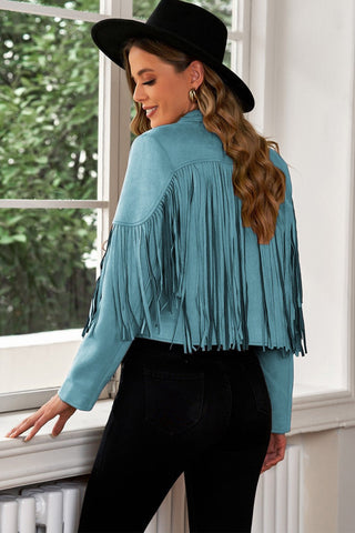 Fringe Trim Lapel Collar Cropped Blazer - A Roese Boutique