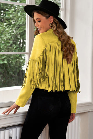 Fringe Trim Lapel Collar Cropped Blazer - A Roese Boutique