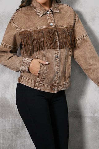 Fringe Trim Snap Down Denim Jacket - A Roese Boutique