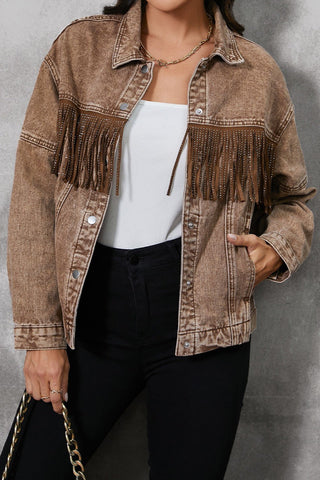 Fringe Trim Snap Down Denim Jacket - A Roese Boutique