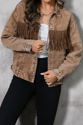 Fringe Trim Snap Down Denim Jacket - A Roese Boutique