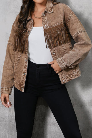 Fringe Trim Snap Down Denim Jacket - A Roese Boutique