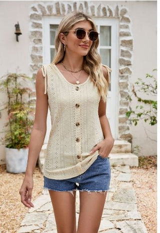 Full Size Decorative Button Eyelet Tied Tank - A Roese Boutique