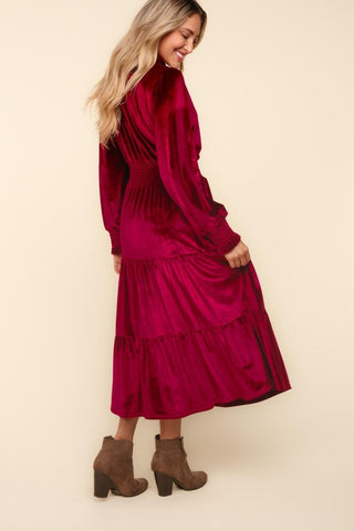 Haptics Mock Neck Smocked Waist Velvet Tiered Dress - A Roese Boutique