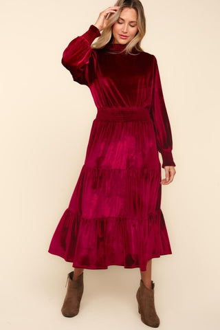 Haptics Mock Neck Smocked Waist Velvet Tiered Dress - A Roese Boutique