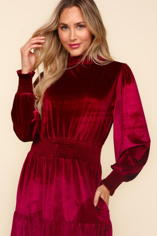 Haptics Mock Neck Smocked Waist Velvet Tiered Dress - A Roese Boutique