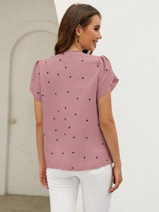 Heart Print Notched Petal Sleeve Blouse - A Roese Boutique