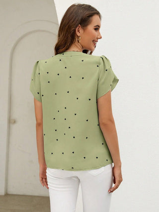 Heart Print Notched Petal Sleeve Blouse - A Roese Boutique