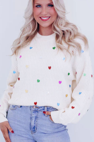 Heart Sequin Round Neck Long Sleeve Sweater - A Roese Boutique