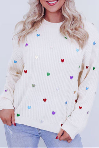 Heart Sequin Round Neck Long Sleeve Sweater - A Roese Boutique