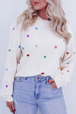 Heart Sequin Round Neck Long Sleeve Sweater - A Roese Boutique