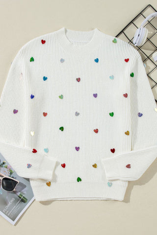 Heart Sequin Round Neck Long Sleeve Sweater - A Roese Boutique