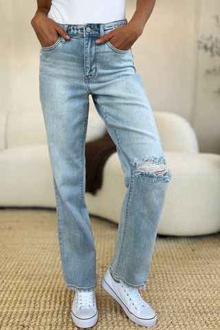 High Waist Distressed Straight Jeans by Judy Blue - A Roese Boutique