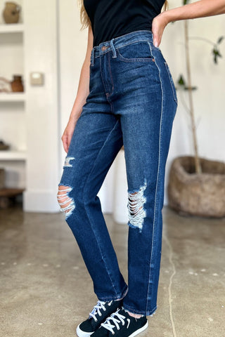 High Waist Rigid Magic Heavy Destroy Straight Jeans by Judy Blue - A Roese Boutique