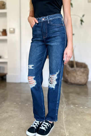 High Waist Rigid Magic Heavy Destroy Straight Jeans by Judy Blue - A Roese Boutique