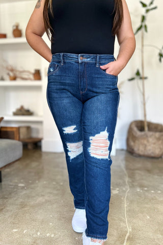 High Waist Rigid Magic Heavy Destroy Straight Jeans by Judy Blue - A Roese Boutique