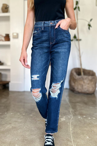 High Waist Rigid Magic Heavy Destroy Straight Jeans by Judy Blue - A Roese Boutique