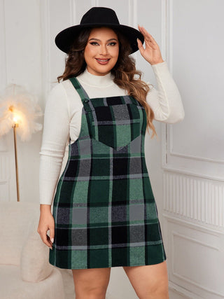 Honey Plus Size Plaid Wide Strap Overall Dress - A Roese Boutique