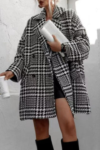 Houndstooth Collared Neck Long Sleeve Coat - A Roese Boutique