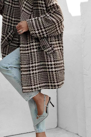 Houndstooth Collared Neck Long Sleeve Coat - A Roese Boutique