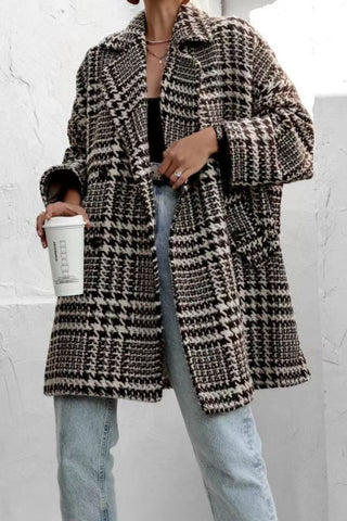 Houndstooth Collared Neck Long Sleeve Coat - A Roese Boutique