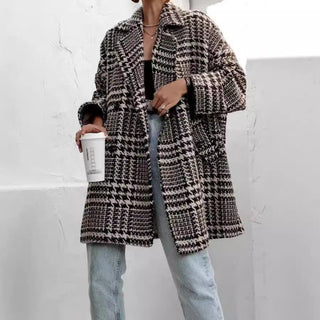 Houndstooth Collared Neck Long Sleeve Coat - A Roese Boutique