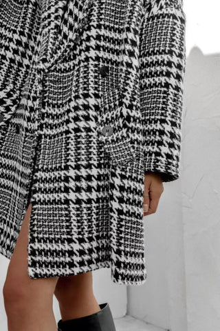 Houndstooth Collared Neck Long Sleeve Coat - A Roese Boutique