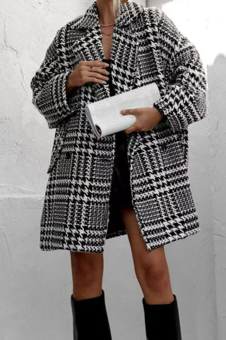 Houndstooth Collared Neck Long Sleeve Coat - A Roese Boutique