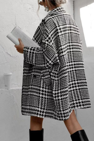 Houndstooth Collared Neck Long Sleeve Coat - A Roese Boutique