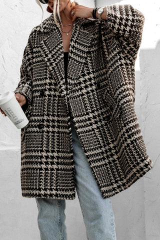 Houndstooth Collared Neck Long Sleeve Coat - A Roese Boutique