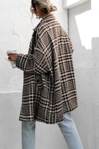 Houndstooth Collared Neck Long Sleeve Coat - A Roese Boutique