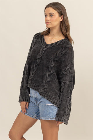 HYFVE Cable Knit V - Neck Dropped Shoulder Oversized Sweater - A Roese Boutique