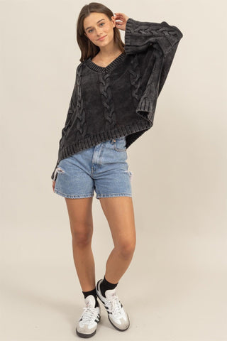 HYFVE Cable Knit V - Neck Dropped Shoulder Oversized Sweater - A Roese Boutique