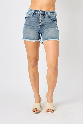 Judy Blue Full Size Button Fly Raw Hem Denim Shorts - A Roese Boutique