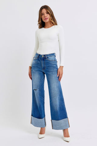 Judy Blue Full Size Distressed High Waist Wide Leg Jeans - A Roese Boutique