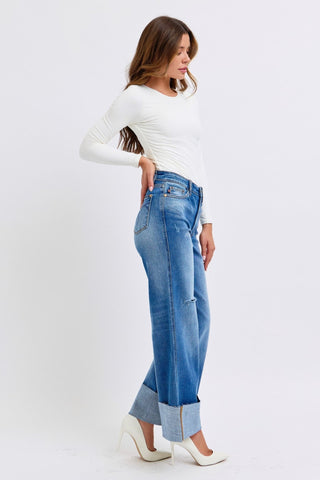 Judy Blue Full Size Distressed High Waist Wide Leg Jeans - A Roese Boutique