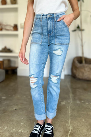 Judy Blue Full Size Distressed Straight Jeans with Patch Pockets - A Roese Boutique