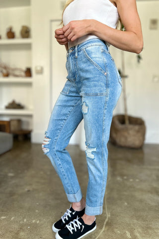 Judy Blue Full Size Distressed Straight Jeans with Patch Pockets - A Roese Boutique