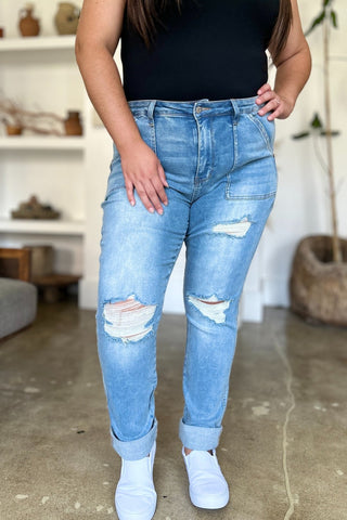 Judy Blue Full Size Distressed Straight Jeans with Patch Pockets - A Roese Boutique