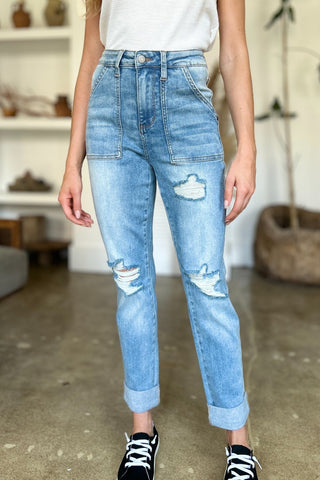 Judy Blue Full Size Distressed Straight Jeans with Patch Pockets - A Roese Boutique