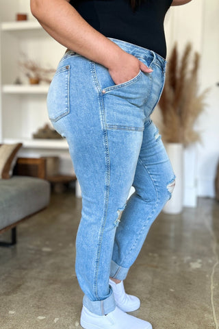 Judy Blue Full Size Distressed Straight Jeans with Patch Pockets - A Roese Boutique